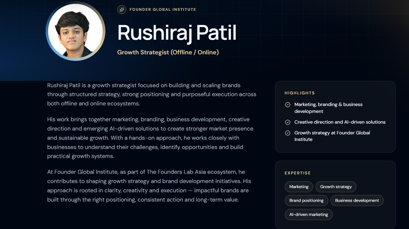 Screenshot of Rushiraj Patil's profile on the Founder Global Institute website
