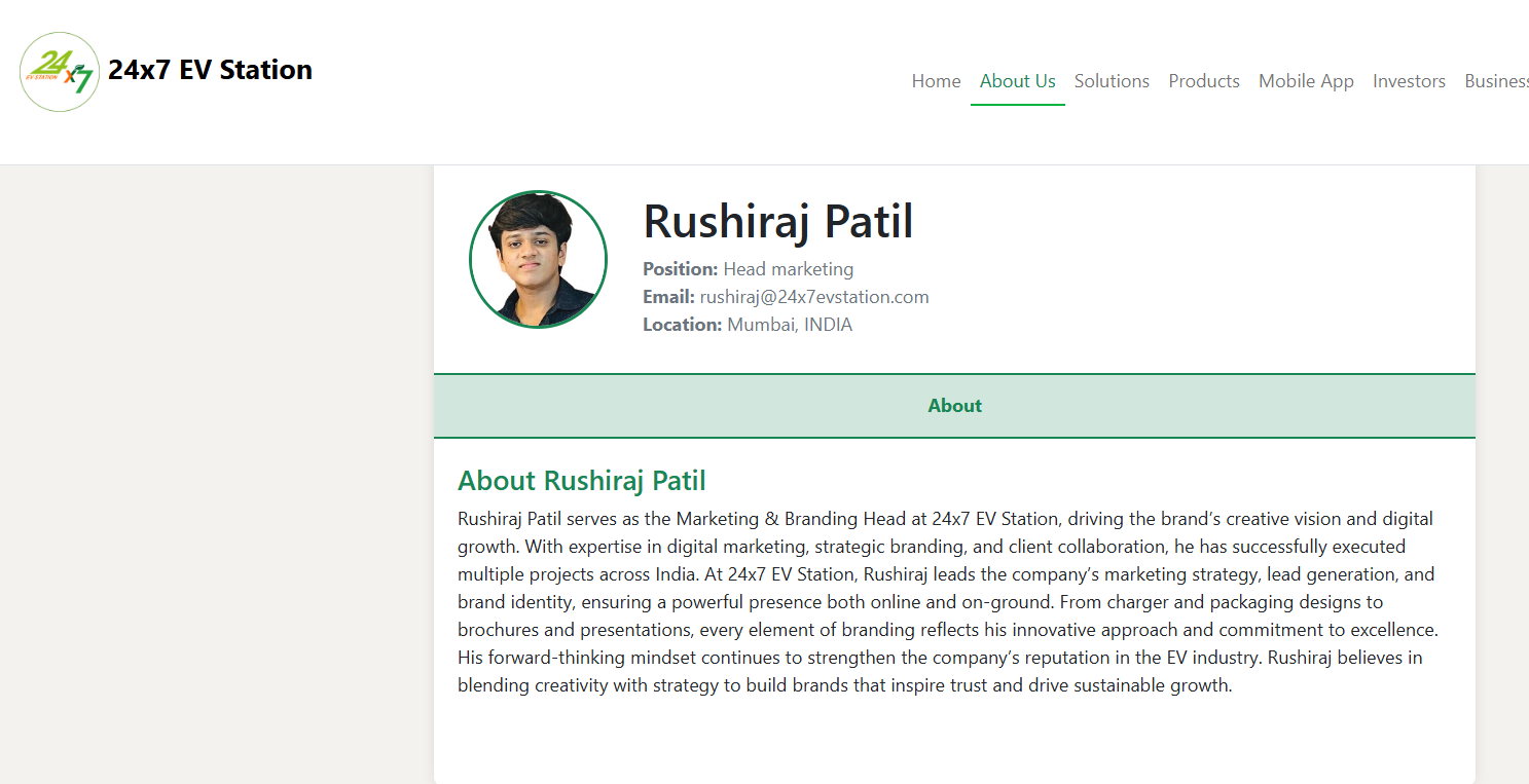 Screenshot of Rushiraj Patil's profile on the 24x7 EV Station website